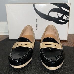 Nine West Black and Tan Patent Leather Loafers